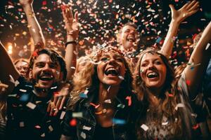 een verschillend groep van mensen vervelend partij hoeden en blazen confetti in de lucht, belichamen de geest van pret en feest gedurende nieuw jaar feesten. generatief ai foto