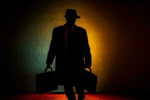 een silhouet van een fedora-dragend maffia huurmoordenaar, Holding een aktentas, net zo hij wandelingen in de schaduwen, symboliseert Gevaar en clandestien transacties. generatief ai foto