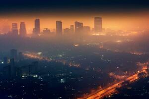 een opvallend antenne visie van een vervuild stad horizon, met dik smog omhullend de gebouwen, markeren de dringend nodig hebben voor schoon lucht initiatieven. generatief ai foto
