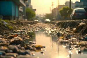 een vervuild rivier- vloeiende door een stadsgezicht, vergieten licht Aan de gevolgen van water verontreiniging in stedelijk gebieden. generatief ai foto