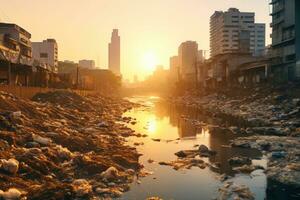 een vervuild rivier- vloeiende door een stadsgezicht, vergieten licht Aan de gevolgen van water verontreiniging in stedelijk gebieden. generatief ai foto