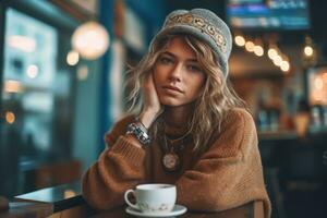 een jong model- vervelend een elegant kleding en accessoires, zittend in een modieus cafe, uitstralend charme en vastleggen de essence van stedelijk leven. generatief ai foto