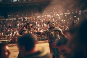 twee gladiatoren op slot in gevecht in een Romeins amfitheater, toeschouwers aan het kijken met anticipatie, vertegenwoordigen de spannend en brutaal natuur van gladiatoren wedstrijden. generatief ai foto