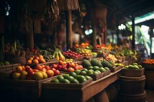 een tropisch eiland markt gevulde met levendig fruit, kruiden, en lokaal handwerk, presentatie van de cultureel rijkdom en authenticiteit van de bestemming. generatief ai foto