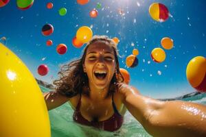 jong vrouw in een speels, kleurrijk zwempak spatten in de omgeving van in de Ondiep einde van een zwembad, omringd door kleurrijk opblaasbaar ballonnen. generatief ai foto