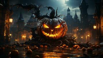 een spookachtig halloween nacht met onheilspellend gloeiend lantaarns, griezelig boom en sinister uitziend jack-o-lanterns in voorkant van een kasteel. generatief ai foto
