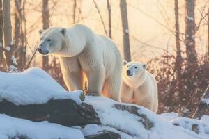 majestueus polair bears in hun natuurlijk leefgebied, vertegenwoordigen de uniek dieren in het wild ervaringen beschikbaar in Alaska. generatief ai foto