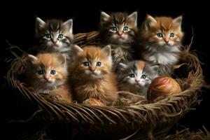 een mand van kittens gluren over- de rand, helder ogen schattigheid. generatief ai. foto
