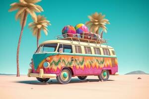 hippie patroon gekleurde auto busje voor zomer vakantie in de buurt wit zand strand met palmen en zee. generatief ai foto