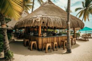 een aan het strand bar portie tropisch cocktails onder een rieten dak. generatief ai foto