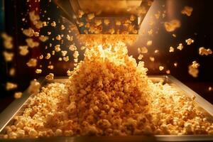 een detailopname van een popcorn machine, met popcorn pitten knallen en vliegend uit van de machine, vastleggen de essence van de popcorn maken werkwijze. generatief ai foto