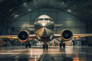 een detailopname van een privaat Jet geparkeerd in een hangar, met een Doorzichtig visie van haar buitenkant en details. generatief ai foto