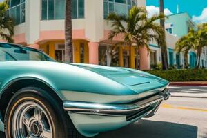 een detailopname schot van een wijnoogst Jaren 80 sport- auto geparkeerd in voorkant van een levendig Miami kunst deco gebouw, vastleggen de essence van luxe en retro stijl. generatief ai foto