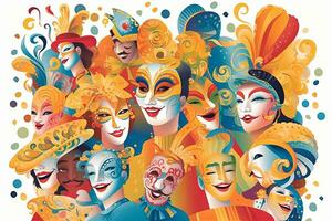 een groep van mensen vervelend Venetiaanse carnaval maskers, innemend in een levendig viering, overbrengen de vreugde en feestelijk atmosfeer van de carnaval. generatief ai foto