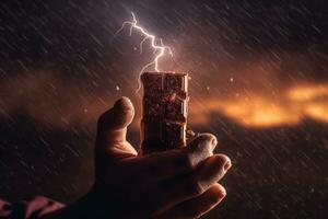 een dramatisch beeld van een persoon Holding een bar van chocola met een bliksem storm in de achtergrond, impliceren de intensiteit van de smaak. generatief ai foto