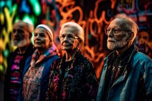 een groep van extravagant ouderling mensen met retro disco outfits poseren in voorkant van een neon-verlicht muur, versierd met kleurrijk graffiti en straat kunst. creativiteit.generatief ai foto