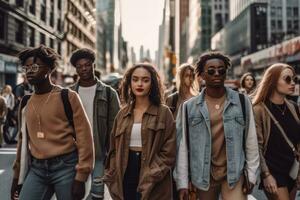 een groep van millennials gekleed in modieus stedelijk kleding, wandelen stevig door een bezig downtown straat, voorbijgaan door torenhoog wolkenkrabbers. concept van energie en spanning. generatief ai foto