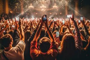 een groep van mensen Holding omhoog hun telefoons naar vastleggen de moment Bij een concert. generatief ai foto