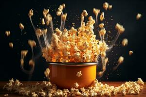 popcorn exploderend van een pan, met pitten vliegend in allemaal routebeschrijving, vastleggen de energie en verrassing van popcorn knallen. generatief ai foto