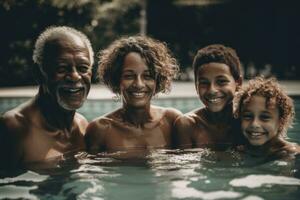 familie zwemmen samen in de zwembad, met een zin van saamhorigheid en binding. concept van familie en gemeenschap. generatief ai foto