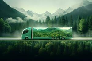 een zelfrijdend vrachtauto samengevoegd met elementen van natuur, zo net zo bergen, rivieren, en bossen. concept harmonie tussen technologie en de omgeving. generatief ai foto