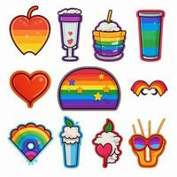 een reeks van stickers, een lgbtq icoon set. symbolen geassocieerd met trots maand in lgbt vlag kleuren. lippen, hand- Holding een hart, vlaggen, paraplu, bril, belettering, regenboog. vector. generatief ai foto