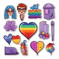 een reeks van stickers, een lgbtq icoon set. symbolen geassocieerd met trots maand in lgbt vlag kleuren. lippen, hand- Holding een hart, vlaggen, paraplu, bril, belettering, regenboog. vector. generatief ai foto