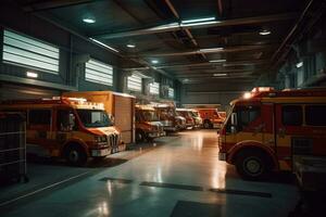 een schot van een vloot van ambulances in een garage of kavel, presentatie van de grootte en strekking van een noodgeval medisch onderhoud bedrijf. generatief ai foto