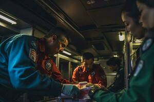 een schot van paramedici het verstrekken van medisch zorg naar een geduldig binnen een ambulance, presentatie van de professionaliteit en expertise van medisch personeel. generatief ai foto