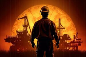 een silhouet van een arbeider in een moeilijk hoed staand in voorkant van een olie tuig, bedekt met een beeld van een wereldbol, symboliseert de globaal gevolg van de olie en gas- industrie. dubbele blootstelling. generatief ai foto