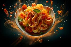 een visueel opvallend beeld van pasta amatriciana ingrediënten drijvend in in de lucht, geregeld in een artistiek en abstract manier, markeren de levendig kleuren en texturen van de gerecht. generatief ai foto