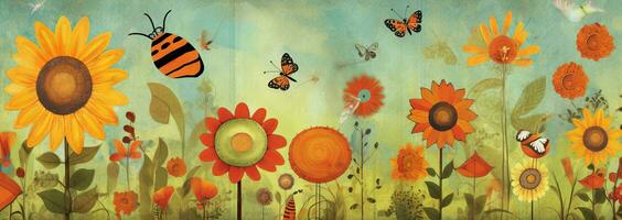 een grillig banier ontwerp afbeelden een tuin tafereel met speels illustraties van bloemen, vlinders, en bijen, toevoegen een tintje van vreugde en luchthartigheid. generatief ai foto