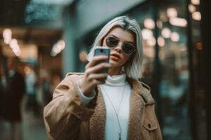 een jong vrouw nemen een selfie in voorkant van een mode boetiek, met een groot in aansluiting op Aan sociaal media, en sharing haar mode tips en advies met haar fans. generatief ai foto