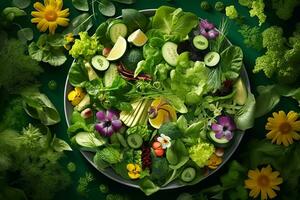 kleurrijk salade samengesteld van divers bladerrijk Groenen en kruiden, markeren de chlorofyl inhoud en bevorderen een gezond en voedzaam eetpatroon. generatief ai foto