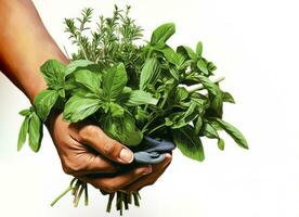 een beeld met handen Holding een bundel van vers kruiden met levendig groen bladeren, symboliseert de overvloed van chlorofyl in culinaire kruiden. generatief ai foto