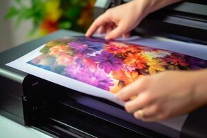 hand- Holding een vers gedrukt fotograaf met levendig kleuren, presentatie van de hoge kwaliteit output van een inkt foto printer. generatief ai