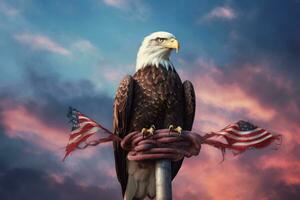 een beeld van een kaal adelaar met vuurwerk barsten van haar Vleugels en de Amerikaans vlag in de achtergrond in een surrealistische droomachtige instelling. generatief ai foto