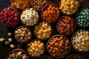 een beeld presentatie van verschillend smaken van popcorn, zo net zo karamel, kaas, en boter, geregeld in levendig en kleurrijk patronen, aantrekkelijk naar verschillend smaakt en voorkeuren. generatief ai foto