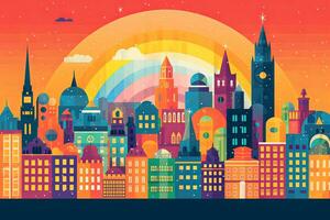 illustratie van een regenboogkleurig stadsgezicht met iconisch oriëntatiepunten, vertegenwoordigen de globaal bereiken en aanvaarding van de lgbtq gemeenschap. generatief ai foto