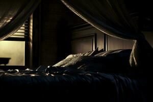 vaag lit slaapkamer met zijde lakens en een blinddoek, vastleggen de sensualiteit en intrigeren . generatief ai foto