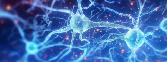 gloeiend hersenen zenuw cel. gespecialiseerd cel verzenden zenuw impulsen. systeem neuron van hersenen met synapsen. hersenen geneeskunde biologie. blauw kleur spandoek. generatief ai foto