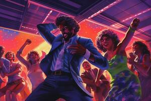 een groep van mensen dansen in een neon-verlicht disco club, met een focaal punt Aan een Mens het uitvoeren van iconisch disco beweegt, oproepen tot de geest van de disco tijdperk. generatief ai foto