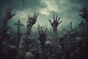 skelet handen stijgende lijn van een begraafplaats. concept halloween achtergrond. generatief ai foto