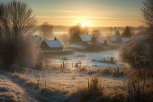 winter landschap met vorst aan het bedekken de bomen en gras. de zon is alleen maar beginnend naar opstaan, gieten een warm gloed. in de afstand, er is een klein stad- met fonkelend Kerstmis lichten. generatief ai foto