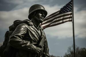 Amerikaans vlag golvend in voorkant van een monument , benadrukkend de belang van eerbiedigen en herinneren Amerikaans onderhoud leden wie hebben gemaakt de ultieme offer. generatief ai. foto