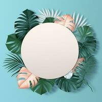 wit cirkel omgeving door pastel kleur vector palmen en monstera bladeren. concept voor muur decor, behang, poster, kaart, muurschildering, tapijt, hangen, afdrukken. generatief ai foto