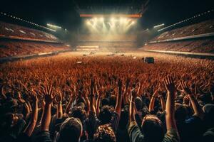 wijde hoek schot van een Ingepakt stadion gedurende een concert met een zee van handen verheven in de lucht. generatief ai foto