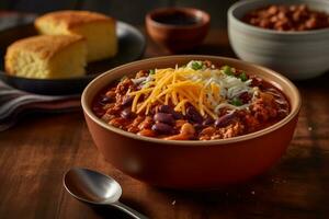 een hartelijk kom van Chili met inschrijving getrokken varkensvlees, nier bonen, en in blokjes gesneden tomaten. de Chili is bekroond met versnipperd Cheddar kaas en geserveerd met een kant van maisbrood.generatief ai. foto