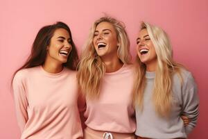 drie vrouw vrienden in vervelend sport kleren, lachend gelukkig Aan roze achtergrond. generatief ai foto