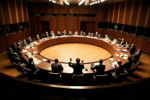 een helder, groep debat, met economen, bedrijf leiders, of beleidsmakers bespreken drukken globaal economisch problemen, in de vergadering kamer. generatief ai foto